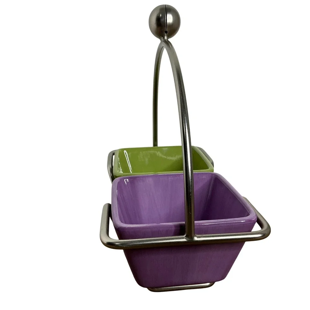 Purple and Green Ceramic Double Condiment‎ Server with Silver Metal Carry Handle